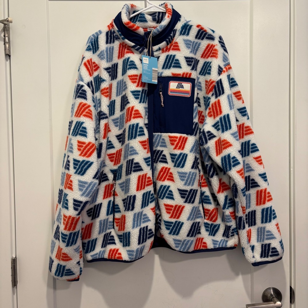 Aldi Gear Sherpa Fleece Jacket Mens XL White Blue Red Geometric Full Zip NWT